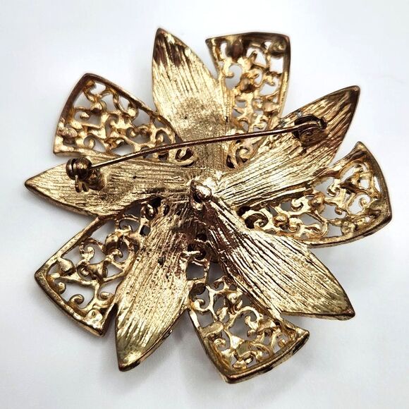 Vintage Filigree Brooch 2" Amber & Champagne Rhinestone Floral Open Scrollwork - Picture 5 of 9